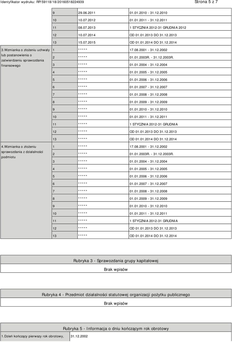 01.2005-31.12.2005 5 ***** 01.01.2006-31.12.2006 6 ***** 01.01.2007-31.12.2007 7 ***** 01.01.2008-31.12.2008 8 ***** 01.01.2009-31.12.2009 9 ***** 01.01.2010-31.12.2010 10 ***** 01.01.2011-31.12.2011 11 ***** 1 STYCZNIA 2012-31 GRUDNIA 12 ***** OD 01.