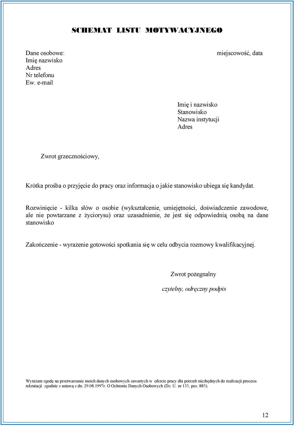 Rozwinięcie - kilka słów o osobie (wykształcenie, umiejętności, doświadczenie zawodowe, ale nie powtarzane z życiorysu) oraz uzasadnienie, że jest się odpowiednią osobą na dane stanowisko Zakończenie