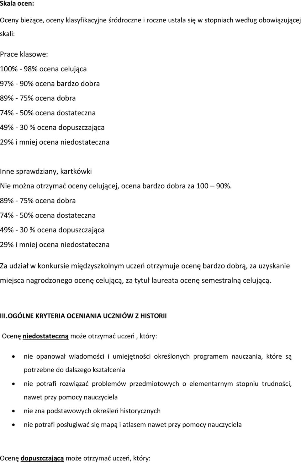 89% - 75% ocena dobra 74% - 50% ocena dostateczna 49% - 30 % ocena dopuszczająca 29% i mniej ocena niedostateczna Za udział w konkursie międzyszkolnym uczeń otrzymuje ocenę bardzo dobrą, za uzyskanie