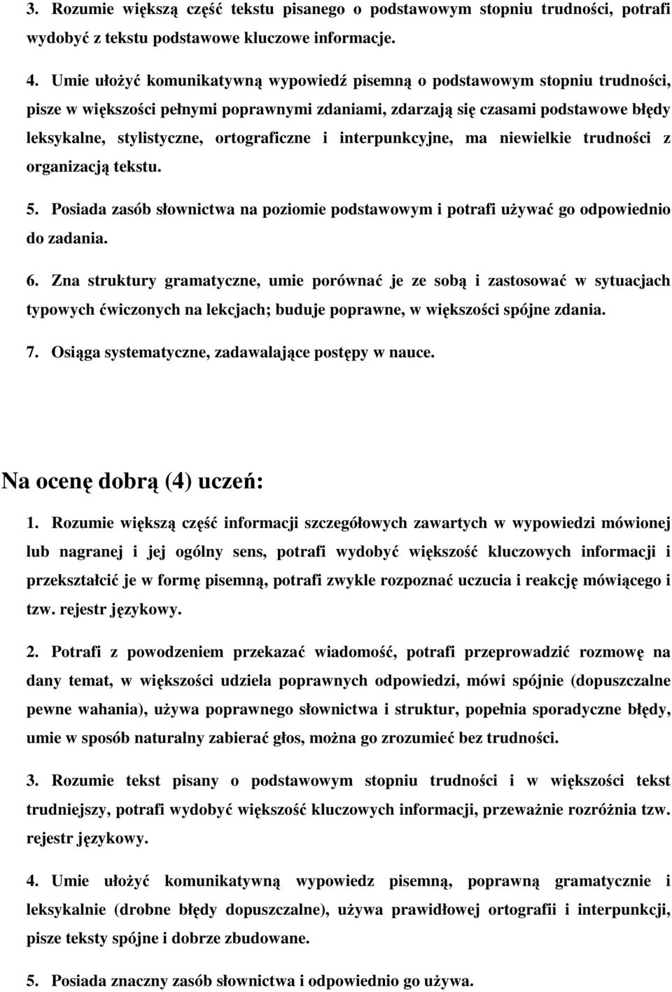 ortograficzne i interpunkcyjne, ma niewielkie trudności z organizacją tekstu. 5. Posiada zasób słownictwa na poziomie podstawowym i potrafi używać go odpowiednio do zadania. 6.