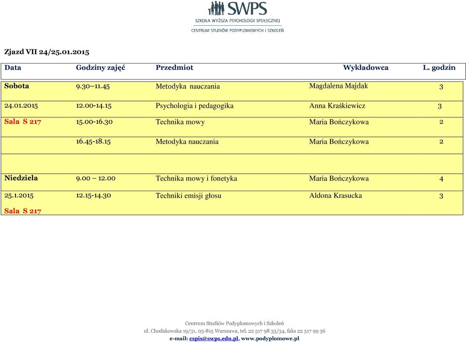 30 Technika mowy Maria Bończykowa 2 16.45-18.15 Metodyka nauczania Maria Bończykowa 2 Niedziela 9.