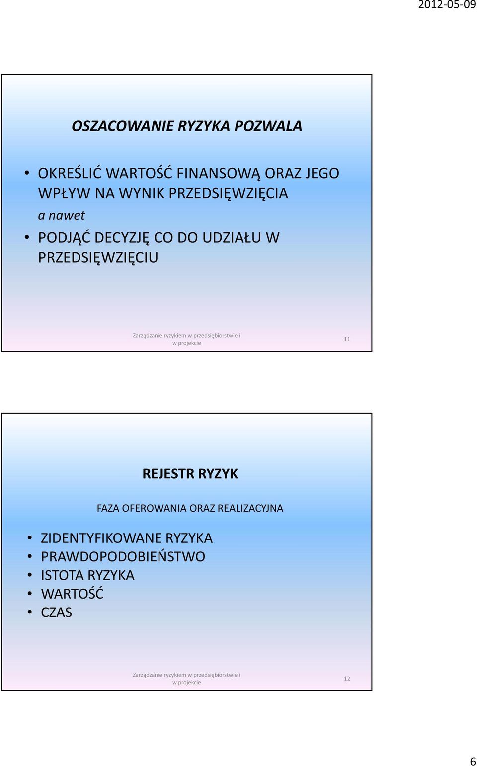 W PRZEDSIĘWZIĘCIU 11 REJESTR RYZYK FAZA OFEROWANIA ORAZ REALIZACYJNA