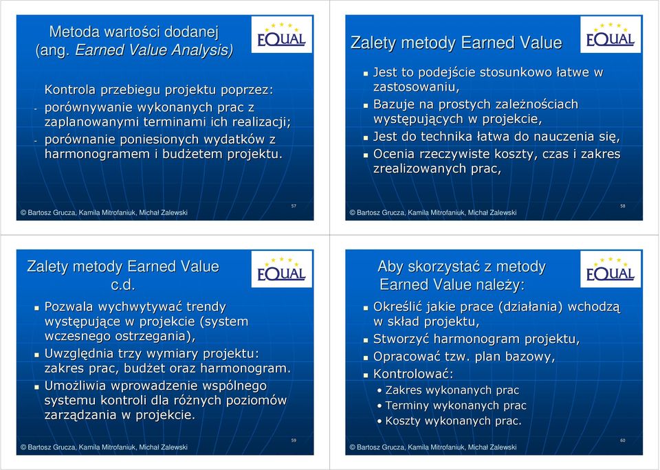 Zalety metody Earned Value Jest to podejście stosunkowo łatwe w zastosowaniu, Bazuje na prostych zależno nościach występuj pujących w projekcie, Jest do technika łatwa do nauczenia się, Ocenia