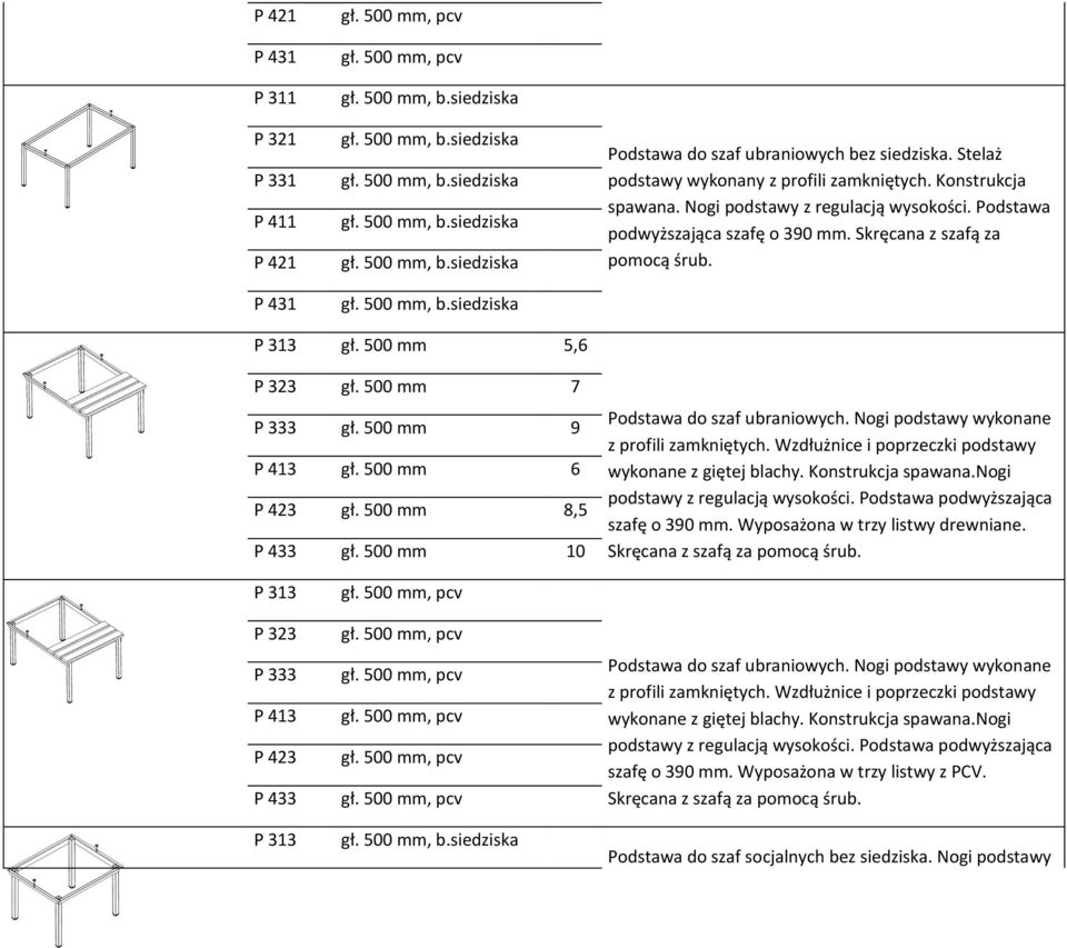 mm 7 P 333 gł. mm 9 P 413 gł. mm 6 P 423 gł. mm 8,5 P 433 gł. mm 10 Podstawa do szaf ubraniowych. Nogi podstawy wykonane z profili zamkniętych.