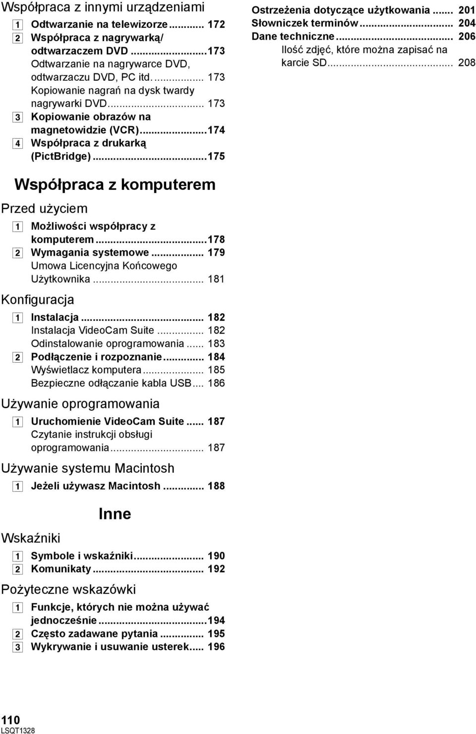 .. 201 Słowniczek terminów... 204 Dane techniczne... 206 Ilość zdjęć, które można zapisać na karcie SD... 208 Współpraca z komputerem Przed użyciem [1] Możliwości współpracy z komputerem.
