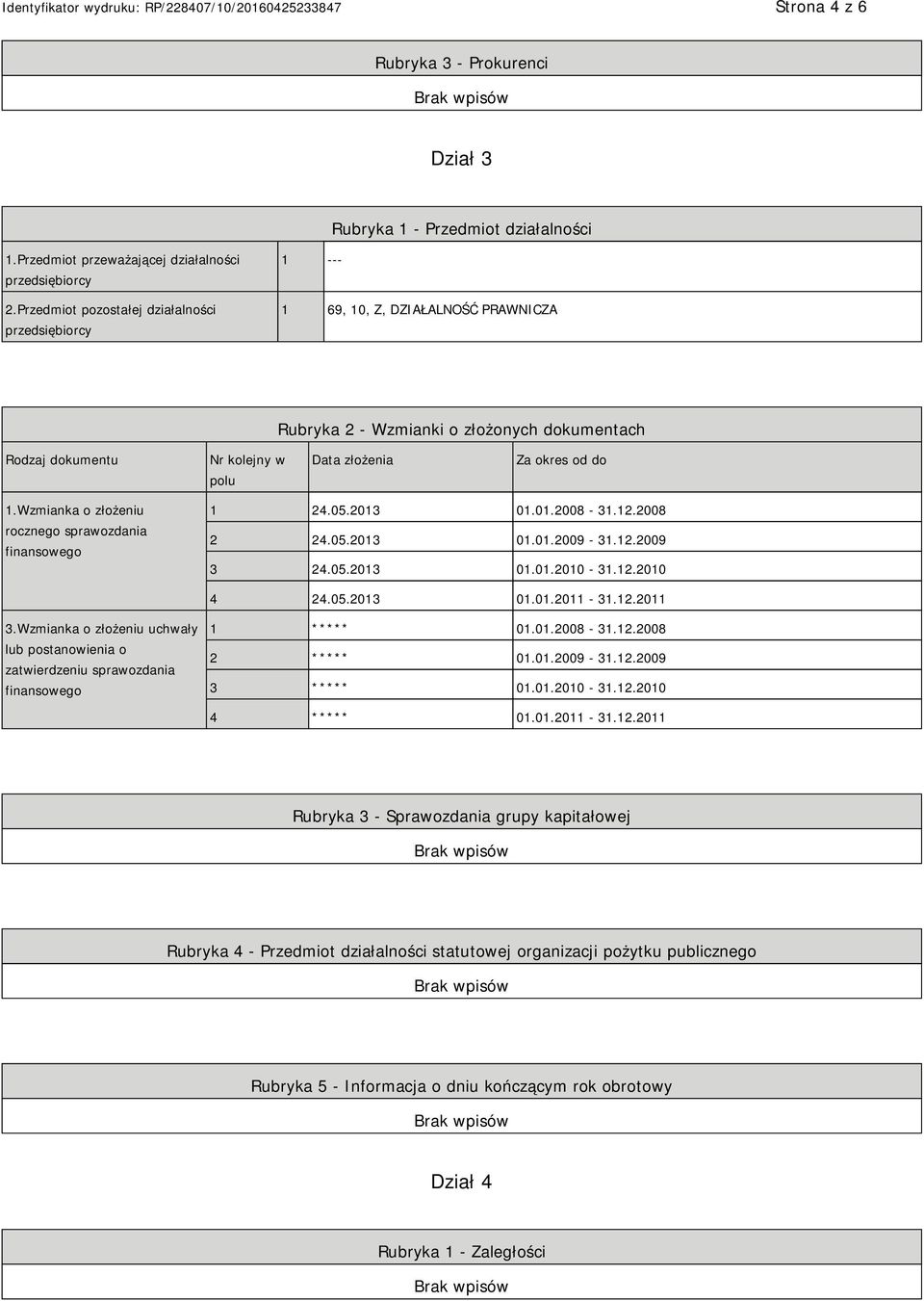 1.Wzmianka o złożeniu rocznego sprawozdania finansowego 1 24.05.2013 01.01.2008-31.12.2008 2 24.05.2013 01.01.2009-31.12.2009 3 24.05.2013 01.01.2010-31.12.2010 4 24.05.2013 01.01.2011-31.12.2011 3.