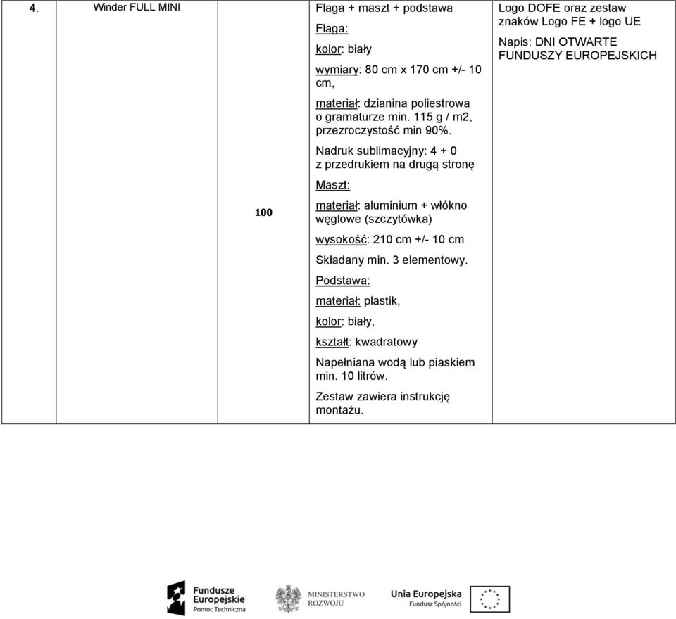 Nadruk sublimacyjny: 4 + 0 z przedrukiem na drugą stronę Maszt: materiał: aluminium + włókno węglowe (szczytówka) wysokość: 210 cm