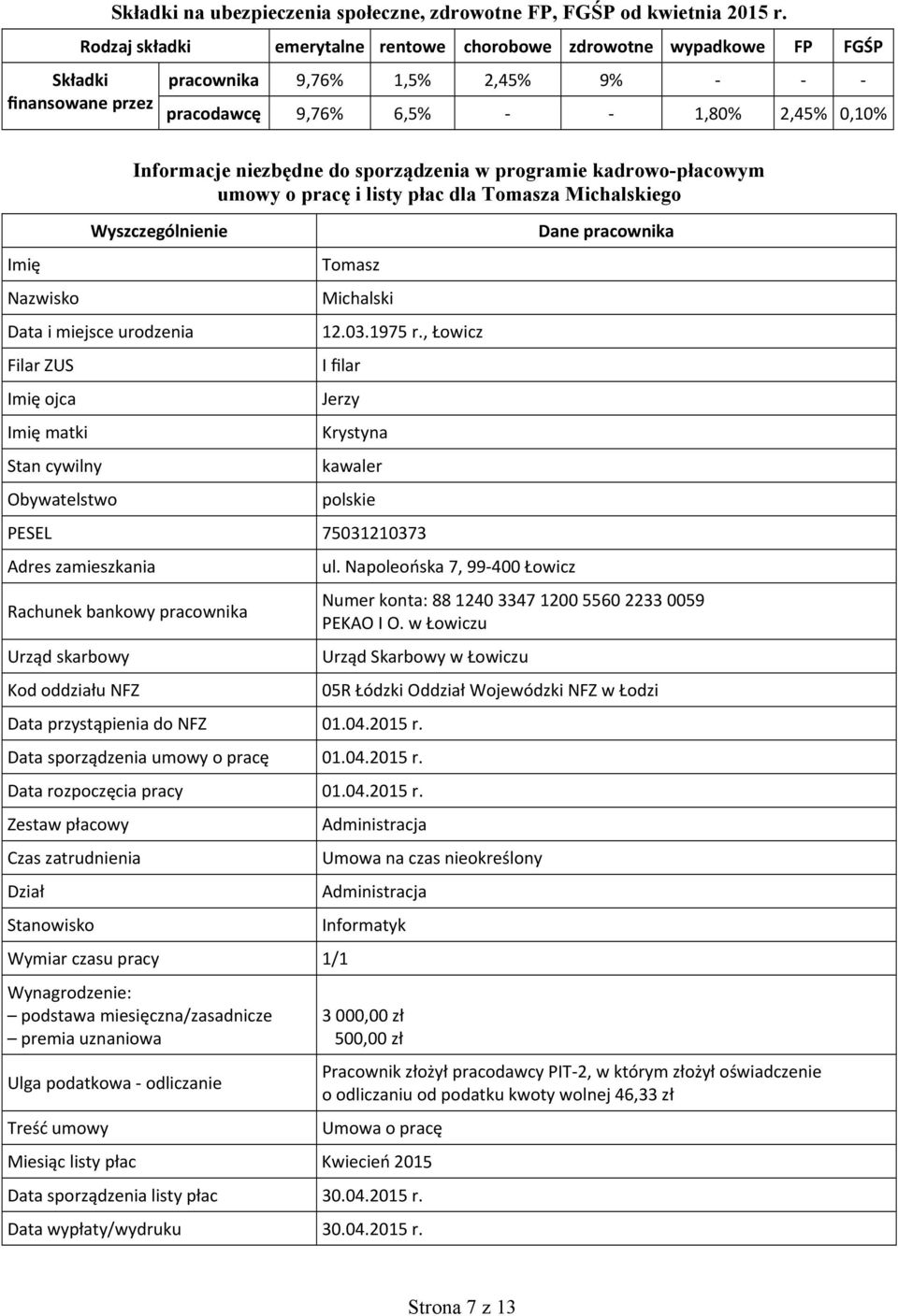Informacje niezbędne do sporządzenia w programie kadrowo-płacowym umowy o pracę i listy płac dla Tomasza Michalskiego Wyszczególnienie Data i miejsce urodzenia Filar ZUS Imię ojca Imię matki Stan