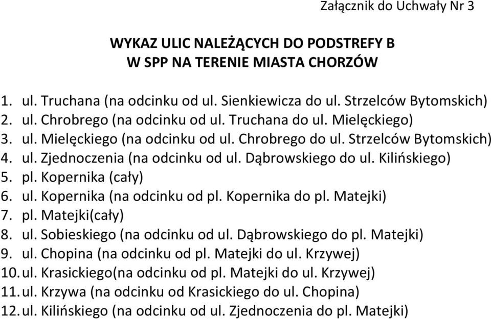 Kopernika (cały) 6. ul. Kopernika (na odcinku od pl. Kopernika do pl. Matejki) 7. pl. Matejki(cały) 8. ul. Sobieskiego (na odcinku od ul. Dąbrowskiego do pl. Matejki) 9. ul. Chopina (na odcinku od pl.