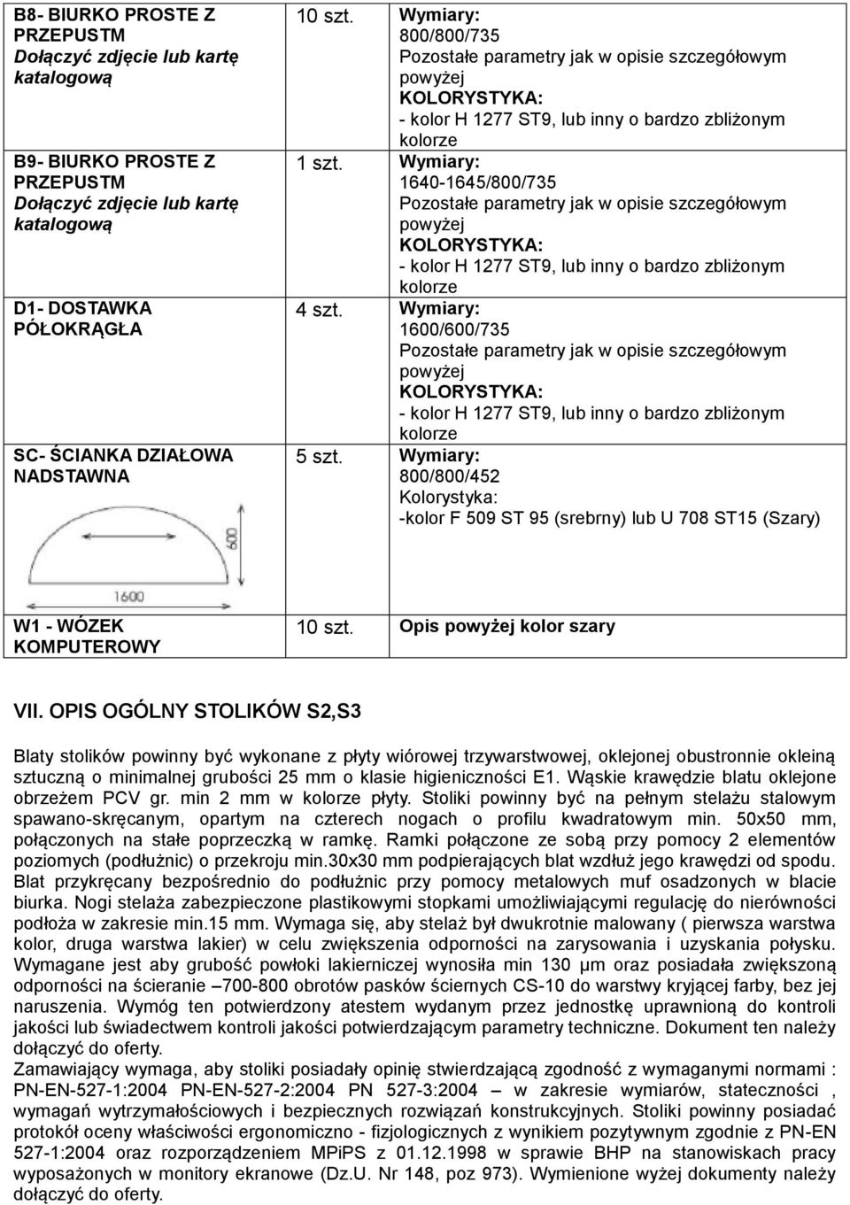 Wymiary: 1640-1645/800/735 Pozostałe parametry jak w opisie szczegółowym powyżej - kolor H 1277 ST9, lub inny o bardzo zbliżonym kolorze 4 szt.