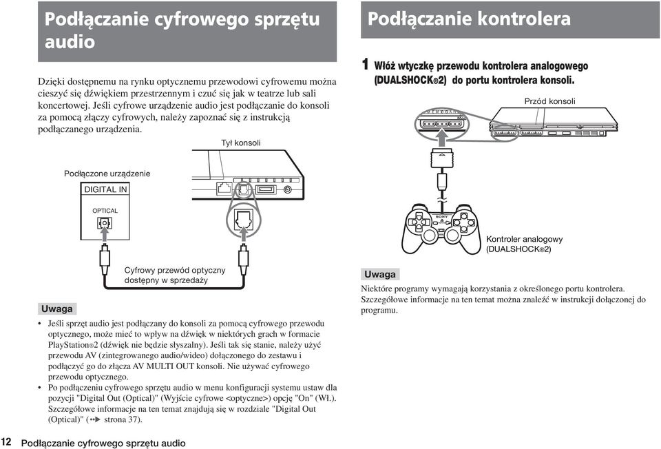 Ty konsoli Podłączanie kontrolera 1 W ó wtyczk przewodu kontrolera analogowego (DUALSHOCK 2) do portu kontrolera konsoli.