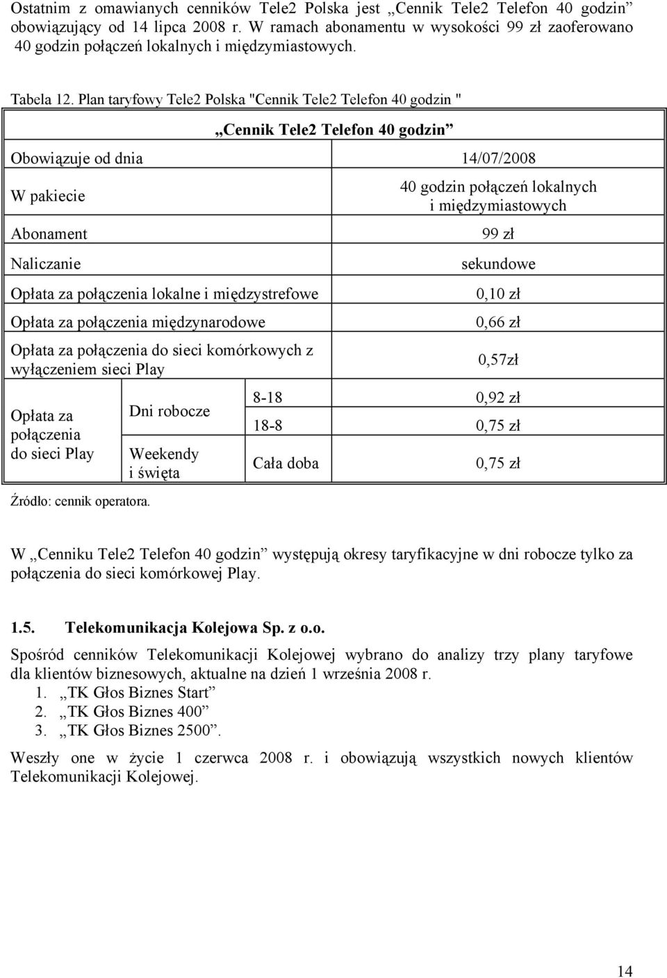 Plan taryfowy Tele2 Polska "Cennik Tele2 Telefon 40 godzin " Cennik Tele2 Telefon 40 godzin Obowiązuje od dnia 14/07/2008 W pakiecie Opłata za połączenia lokalne i międzystrefowe Opłata za połączenia