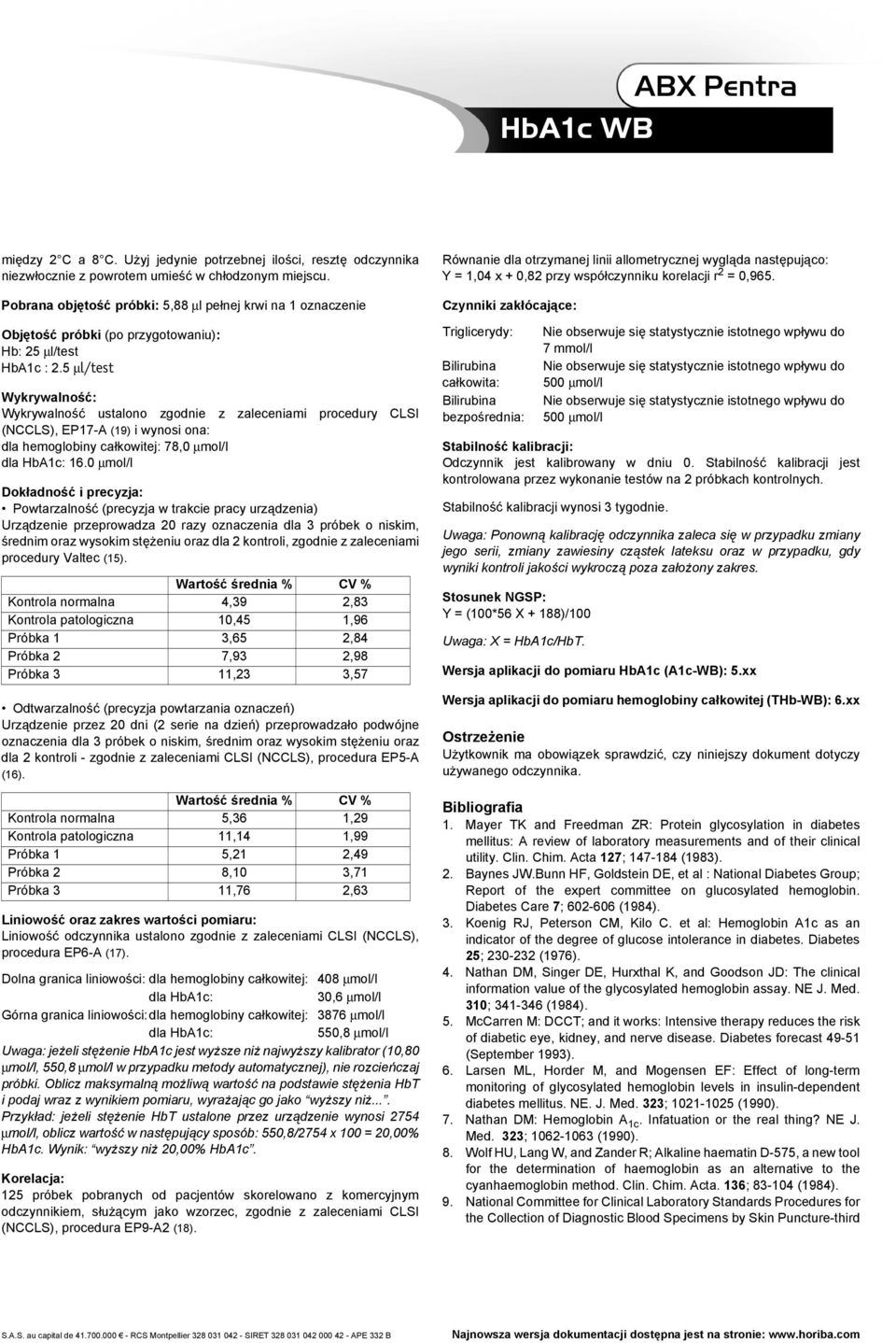 5 μl/test Wykrywalność: Wykrywalność ustalono zgodnie z zaleceniami procedury CLSI (NCCLS), EP17-A (19) i wynosi ona: dla hemoglobiny całkowitej: 78,0 μmol/l dla HbA1c: 16.