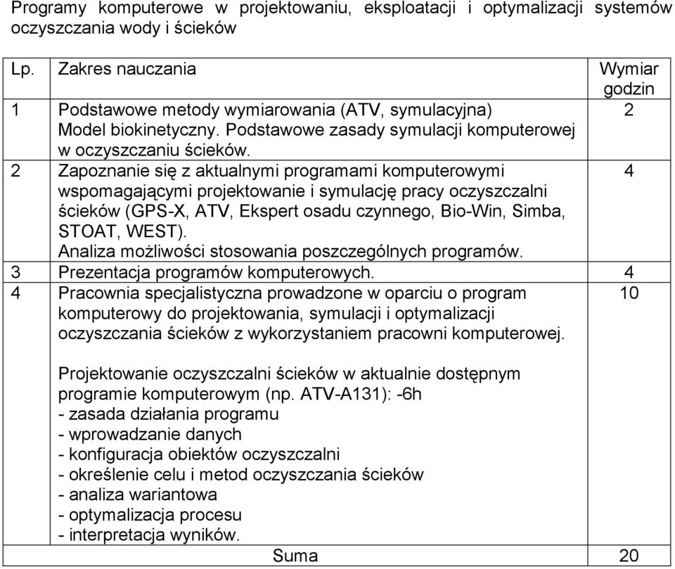 Zapoznanie się z aktualnymi programami komputerowymi wspomagającymi projektowanie i symulację pracy oczyszczalni ścieków (GPS-X, ATV, Ekspert osadu czynnego, Bio-Win, Simba, STOAT, WEST).