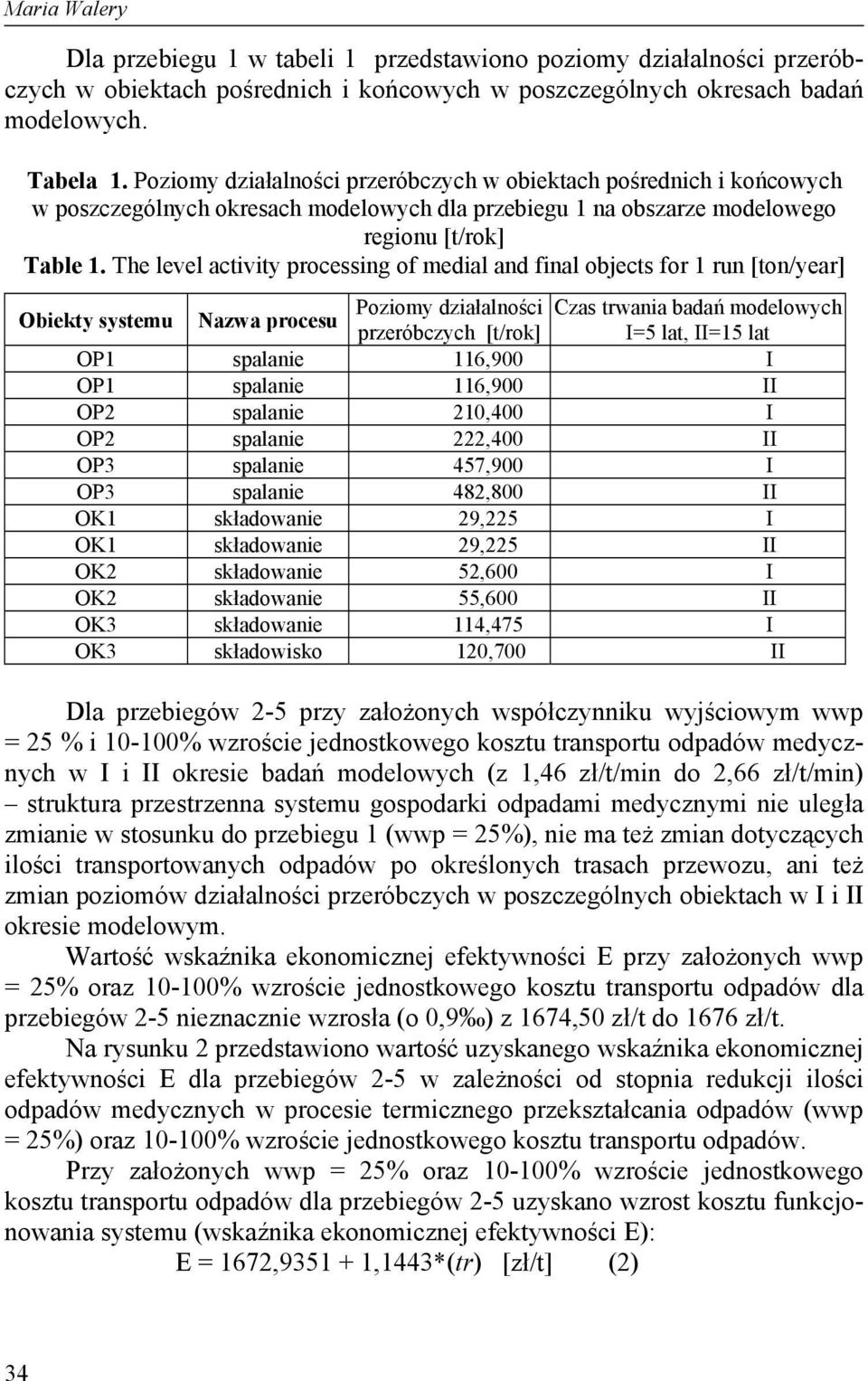 The level activity processing of medial and final objects for 1 run [ton/year] Obiekty systemu Nazwa procesu Poziomy działalności Czas trwania badań modelowych przeróbczych [t/rok] I=5 lat, II=15 lat