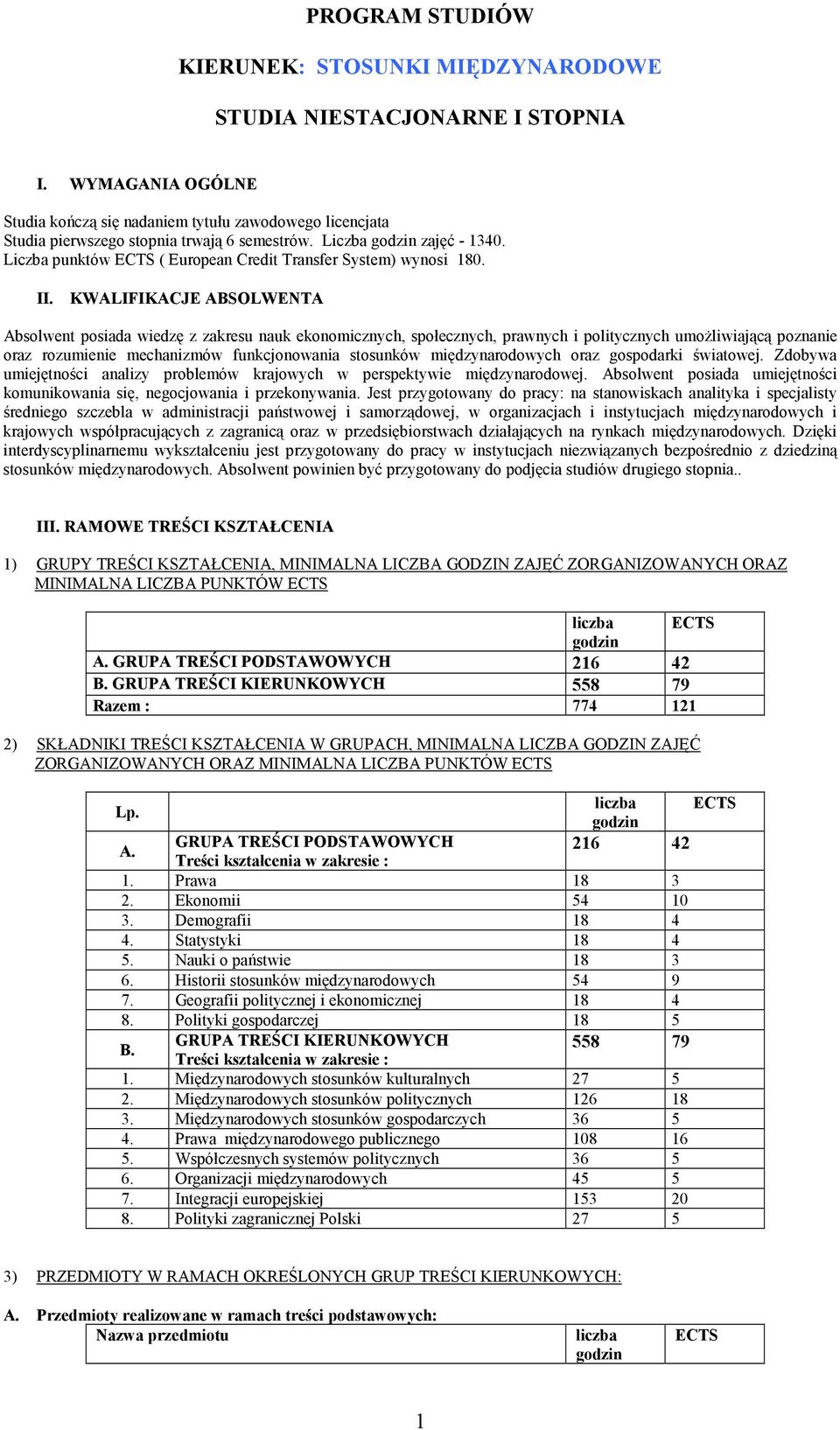 Liczba punktów ECTS ( European Credit Transfer System) wynosi 180. II.