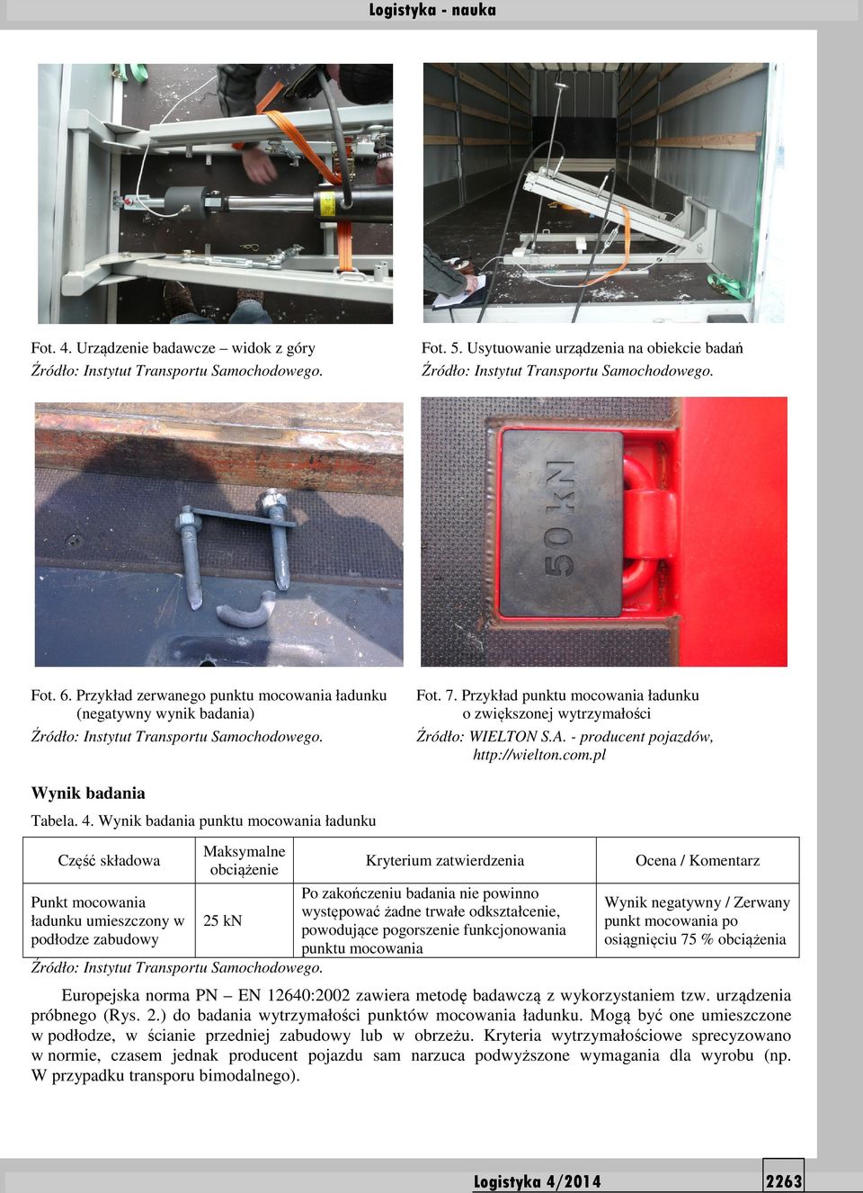 Wynik badania punktu mocowania ładunku Część składowa Punkt mocowania ładunku umieszczony w podłodze zabudowy Maksymalne obciążenie 25 kn Kryterium zatwierdzenia Po zakończeniu badania nie powinno