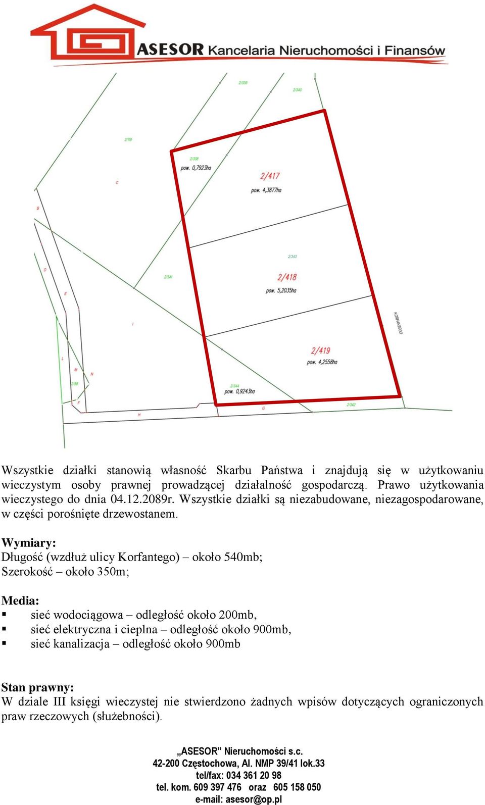 Wymiary: Długość (wzdłuż ulicy Korfantego) około 540mb; Szerokość około 350m; Media: sieć wodociągowa odległość około 200mb, sieć elektryczna i cieplna