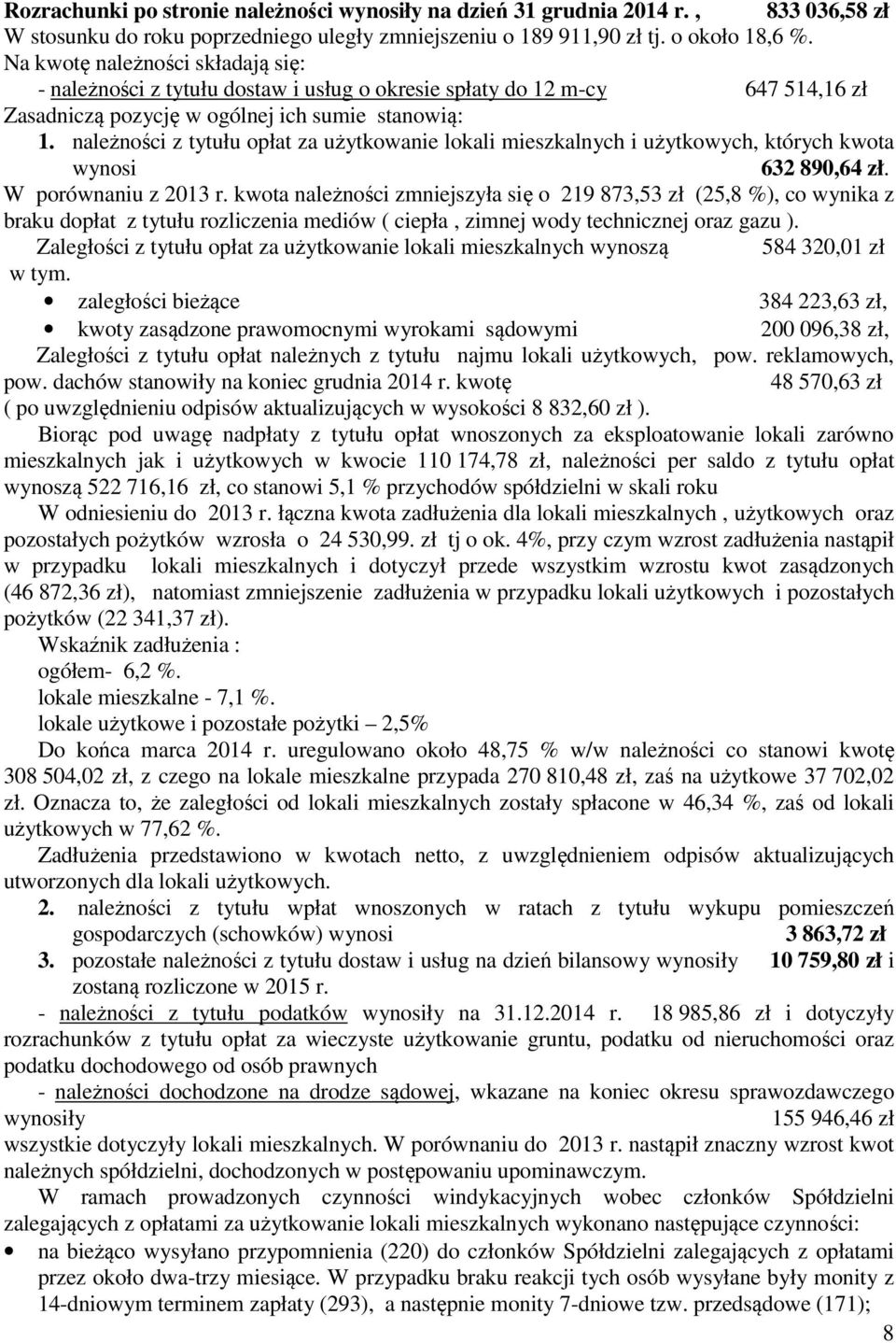 należności z tytułu opłat za użytkowanie lokali mieszkalnych i użytkowych, których kwota wynosi 632 890,64 zł. W porównaniu z 2013 r.
