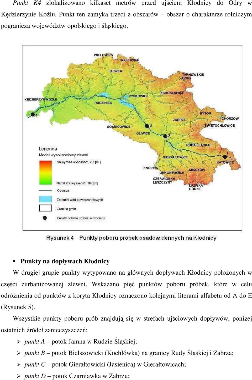 Punkty na dopływach Kłodnicy W drugiej grupie punkty wytypowano na głównych dopływach Kłodnicy połoŝonych w części zurbanizowanej zlewni.