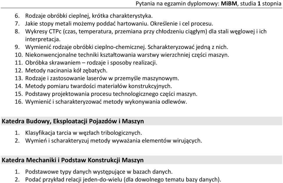 Niekonwencjonalne techniki kształtowania warstwy wierzchniej części maszyn. 11. Obróbka skrawaniem rodzaje i sposoby realizacji. 12. Metody nacinania kół zębatych. 13.