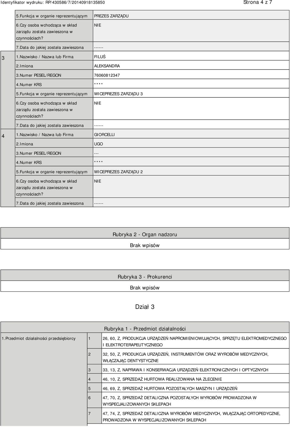 Funkcja w organie reprezentującym WICEPREZES ZARZĄDU 2 Rubryka 2 - Organ nadzoru Rubryka 3 - Prokurenci Dział 3 Rubryka 1 - Przedmiot działalności 1.
