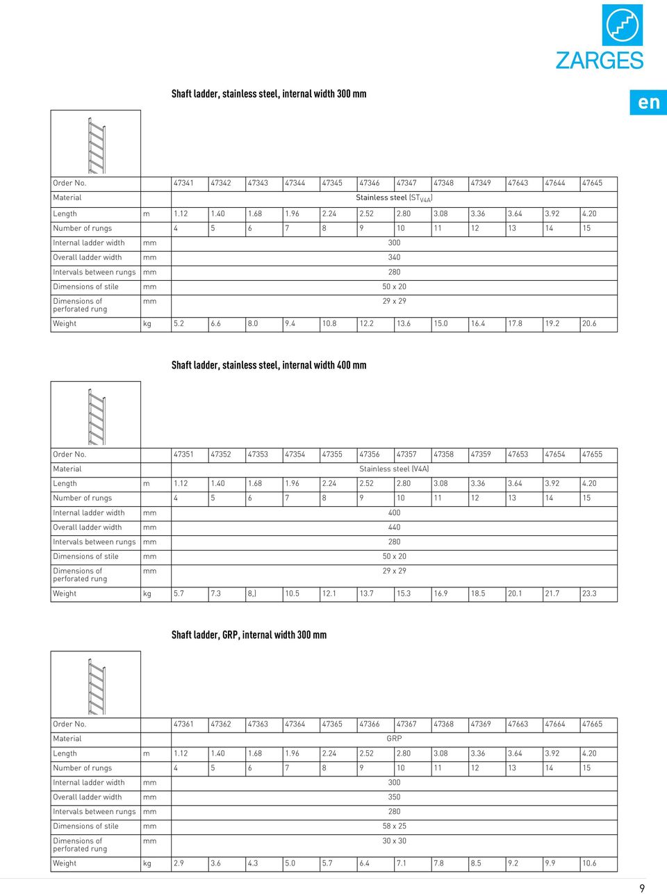 20 Number of rungs 4 5 6 7 8 9 10 11 12 13 14 15 Internal ladder width mm 300 Overall ladder width mm 340 Intervals between rungs mm 280 Dimensions of stile mm 50 x 20 Dimensions of perforated rung