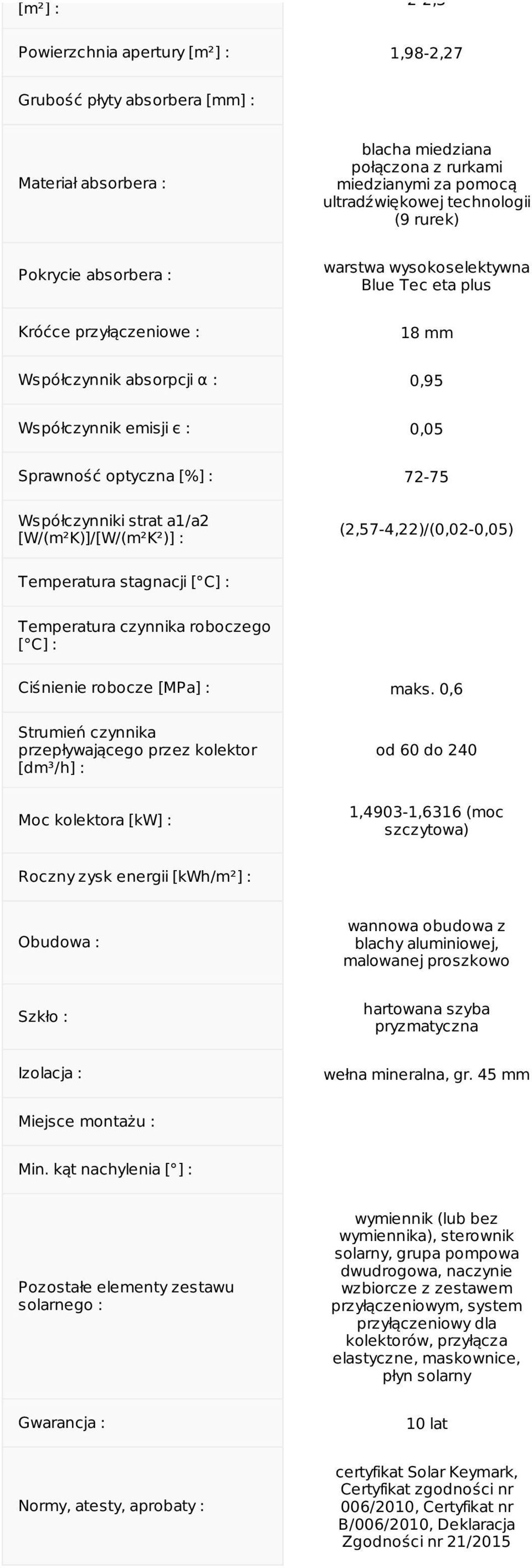 Temperatura stagnacji Ciśnienie robocze [MPa] : maks.