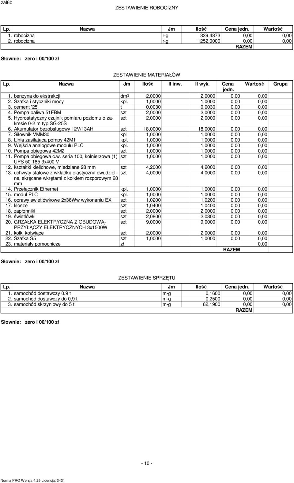 Pompa paliwa 51FBM szt 2,0000 2,0000 0,00 0,00 5. Hydrostatyczny czujnik pomiaru poziomu o zakresie szt 2,0000 2,0000 0,00 0,00 0-2 m typ SG-25S 6.