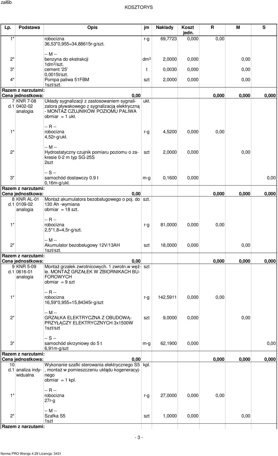2* Hydrostatyczny czujnik pomiaru poziomu o zakresie 0-2 m typ SG-25S 2szt r-g 4,5200 0,000 0,00 -- S -- 3* samochód dostawczy 0.9 t 0,16m-g/ukł. m-g 0,1600 0,000 0,00 8 d.