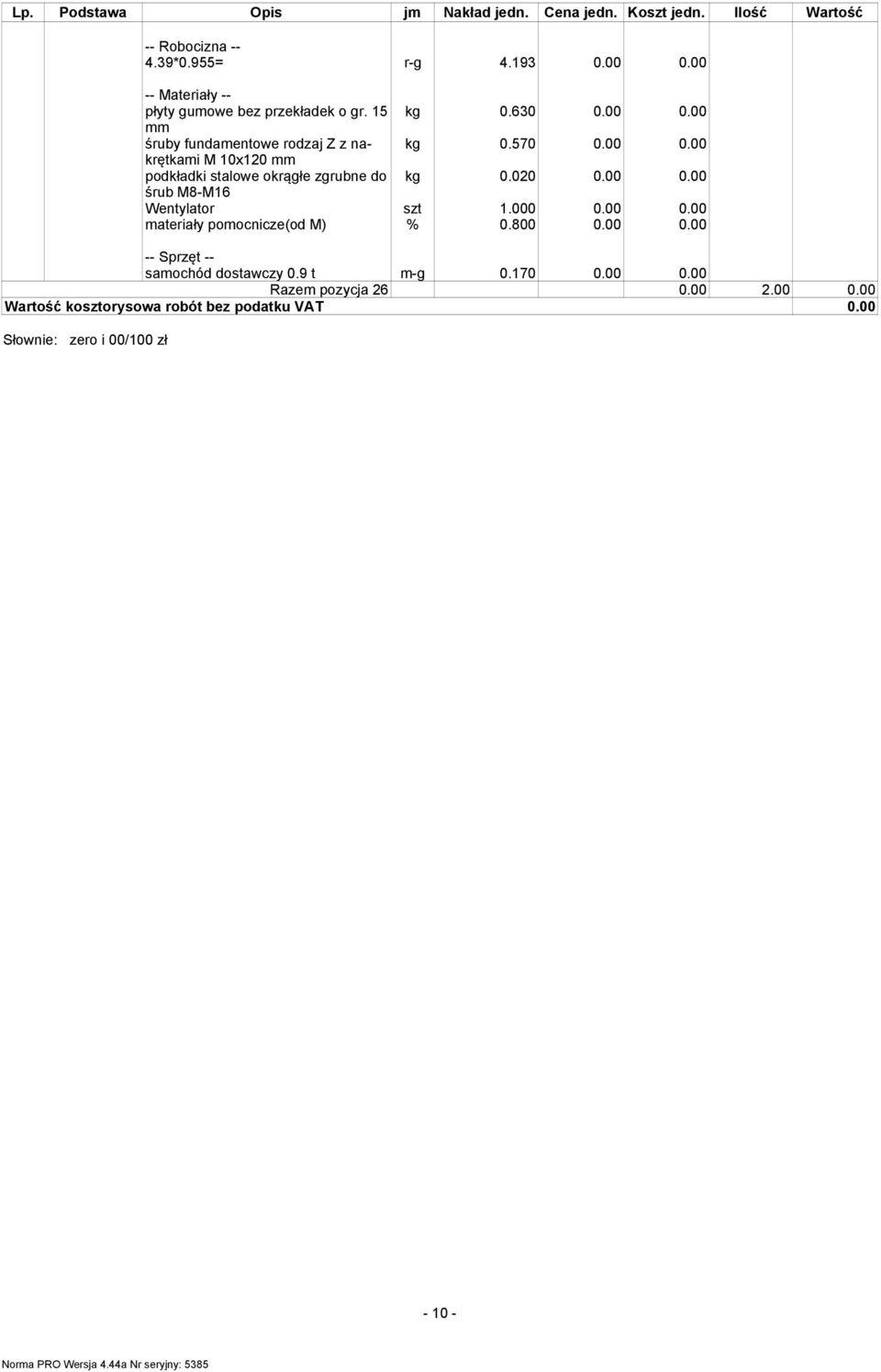 000 0.00 0.00 samochód dostawczy 0.9 t m-g 0.170 0.00 0.00 Razem pozycja 26 0.00 2.00 0.00 Wartość kosztorysowa robót bez podatku VAT 0.