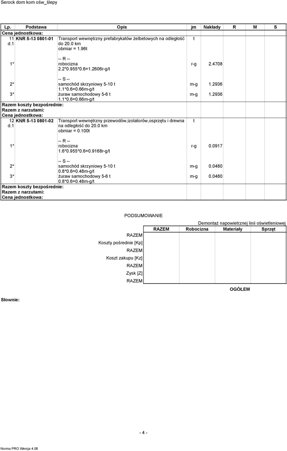 0 k obiar = 0.100t 1.6*0.955*0.6=0.9168r-g/t 2* saochód skrzyniowy 5-10 t 0.8*0.6=0.48-g/t 3* Ŝuraw saochodowy 5-6 t 0.8*0.6=0.48-g/t r-g 2.4708 -g 1.2936 -g 1.2936 t r-g 0.