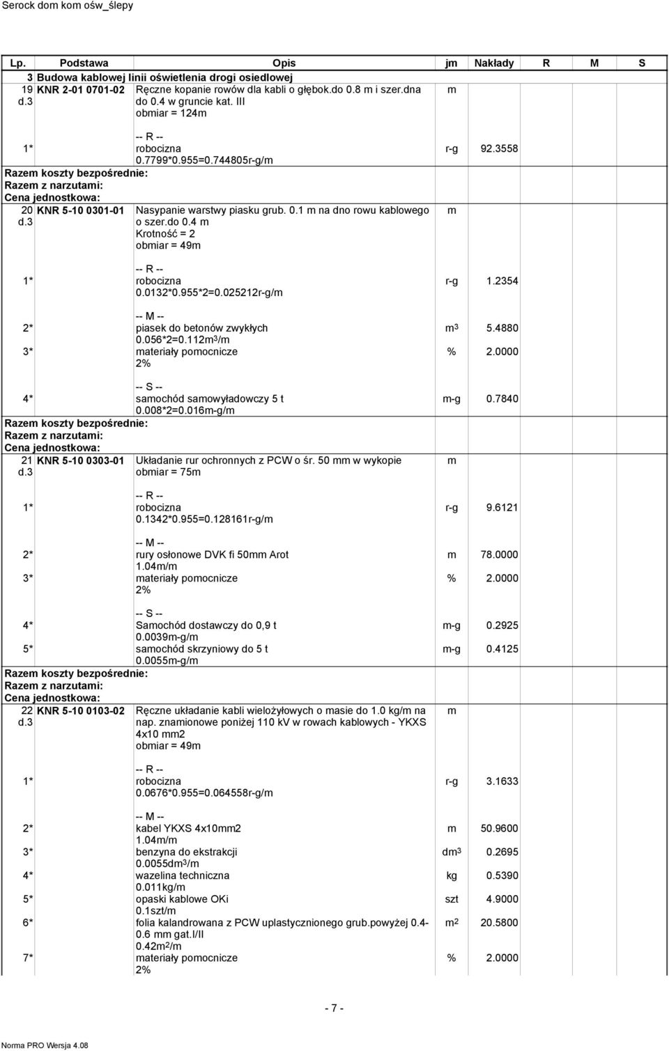 025212r-g/ 2* piasek do betonów zwykłych 0.056*2=0.112 3 / 3* ateriały poocnicze 2% 4* saochód saowyładowczy 5 t 0.008*2=0.016-g/ 21 KNR 5-10 0303-01 Układanie rur ochronnych z PCW o śr.