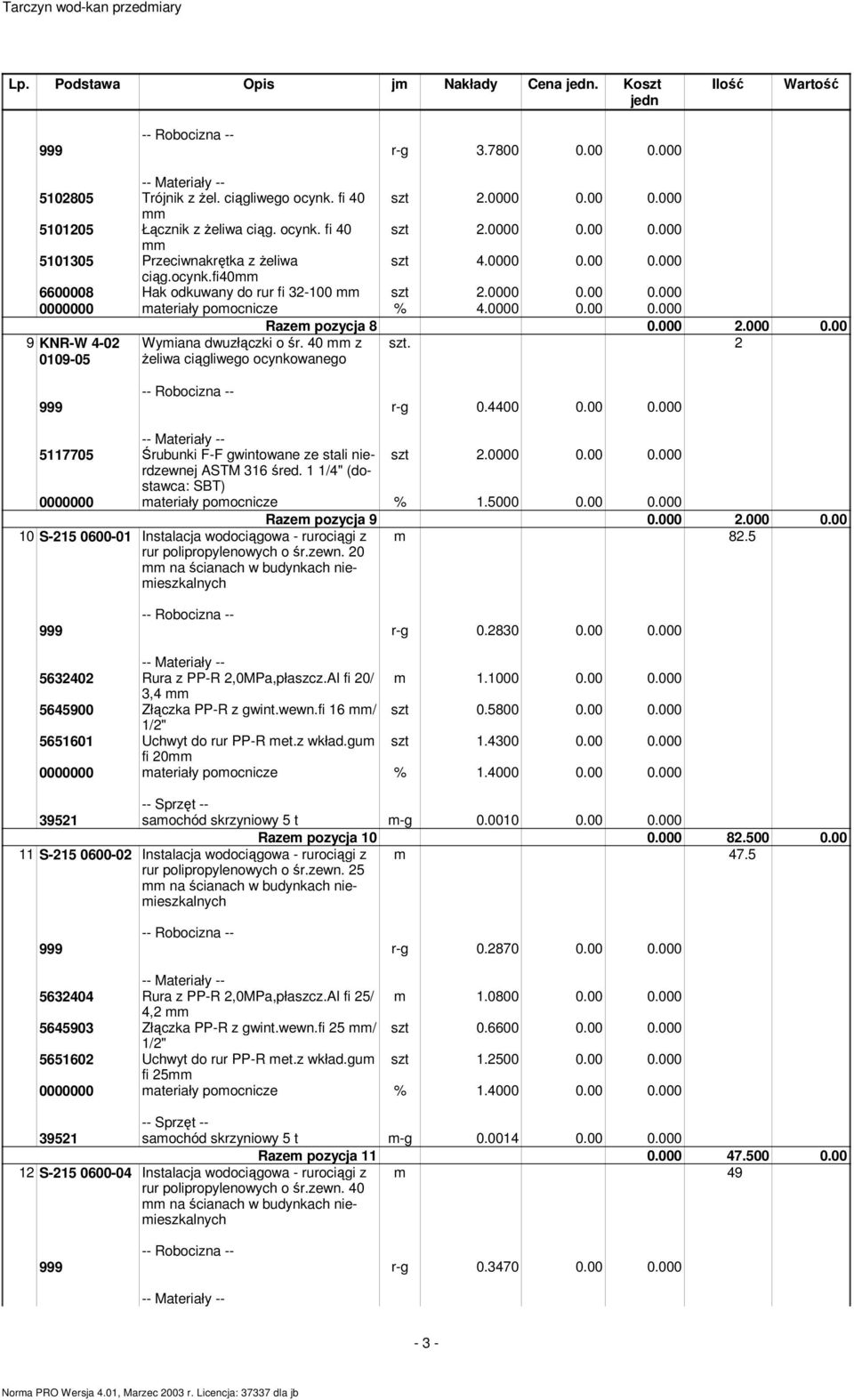 40 z szt. 2 Ŝeliwa ciągliwego ocynkowanego 999 r-g 0.4400 0.00 0.000 5117705 Śrubunki F-F gwintowane ze stali nierdzewnej szt 2.0000 0.00 0.000 ASTM 316 śred.