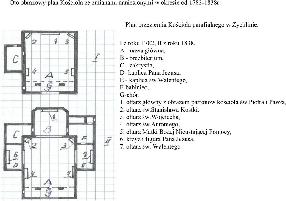 A - nawa główna, B - prezbiterium, C - zakrystia, D- kaplica Pana Jezusa, E - kaplica św.walentego, F-babiniec, G-chór. 1.