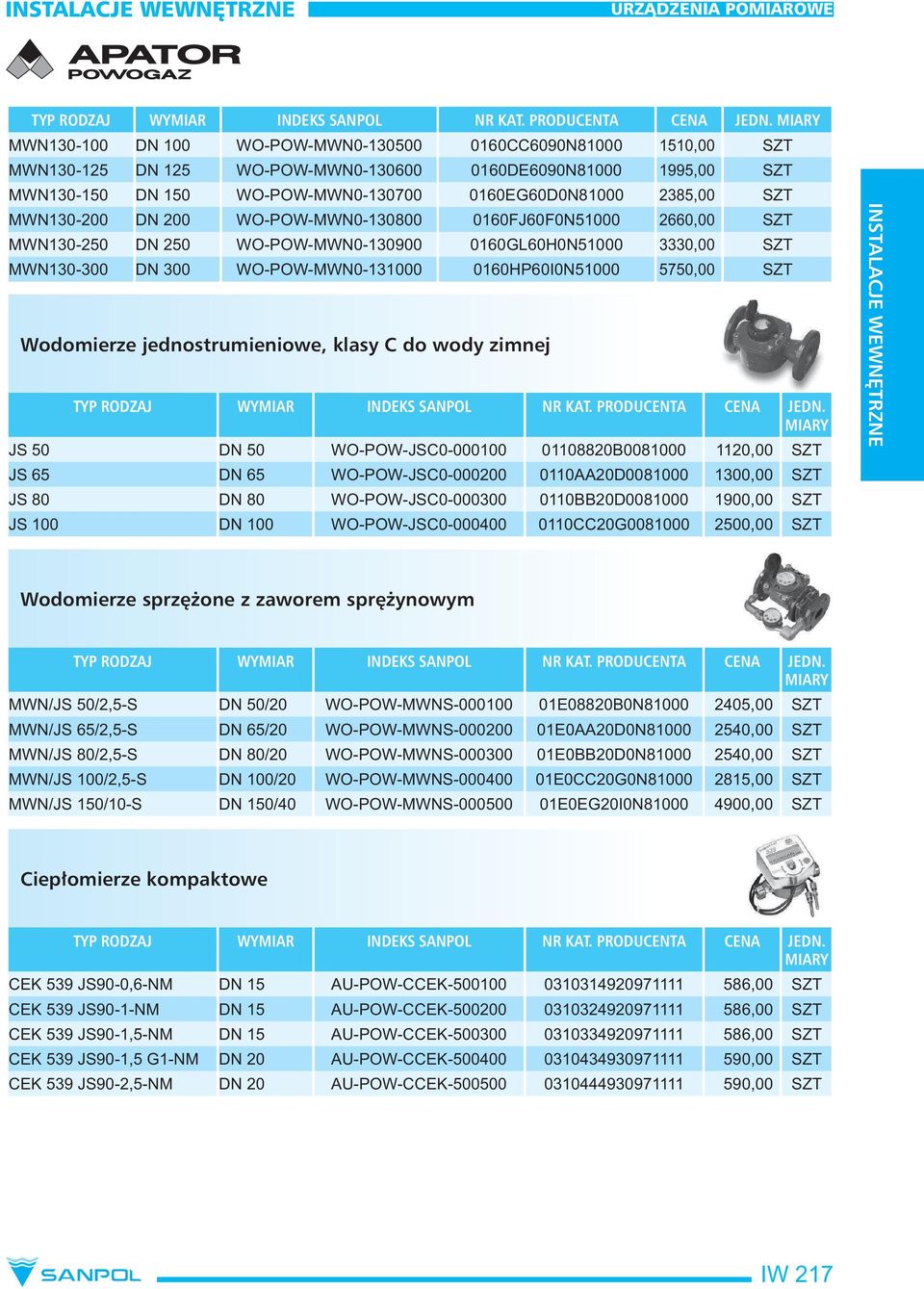 Wodomierze jednostrumieniowe, klasy C do wody zimnej JS 50 DN 50 WO-POW-JSC0-000100 01108820B0081000 1120,00 SZT JS 65 DN 65 WO-POW-JSC0-000200 0110AA20D0081000 1300,00 SZT JS 80 DN 80