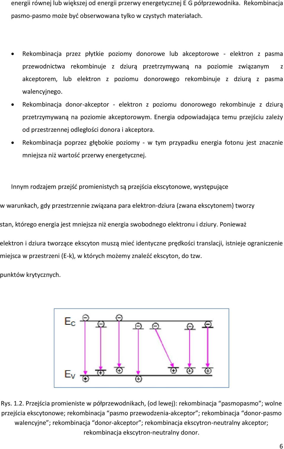rekombinuje z dziurą z pasma walencyjnego. Rekombinacja donor-akceptor - elektron z poziomu donorowego rekombinuje z dziurą przetrzymywaną na poziomie akceptorowym.