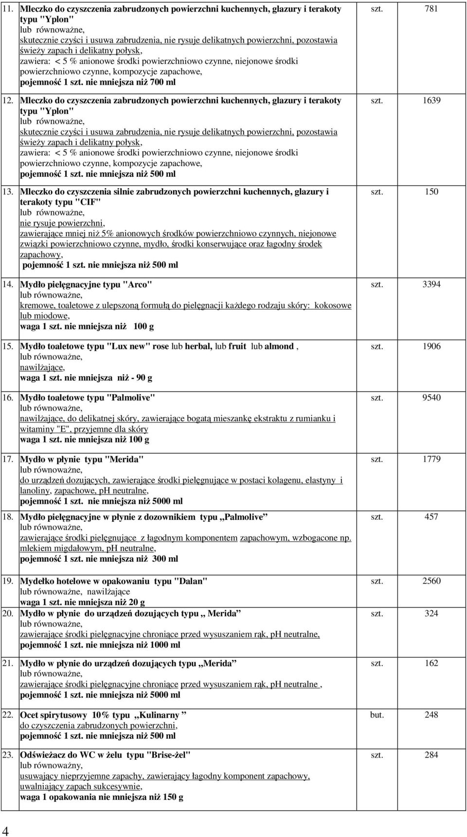 Mleczko do czyszczenia zabrudzonych powierzchni kuchennych, glazury i terakoty typu "Yplon" lub równowaŝne, skutecznie czyści i usuwa zabrudzenia, nie rysuje delikatnych powierzchni, pozostawia