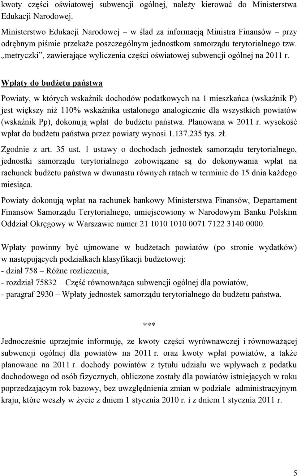 metryczki, zawierające wyliczenia części oświatowej subwencji ogólnej na 2011 r.