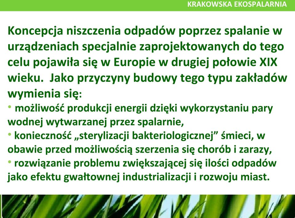 Jako przyczyny budowy tego typu zakładów wymienia się: możliwość produkcji energii dzięki wykorzystaniu pary wodnej wytwarzanej