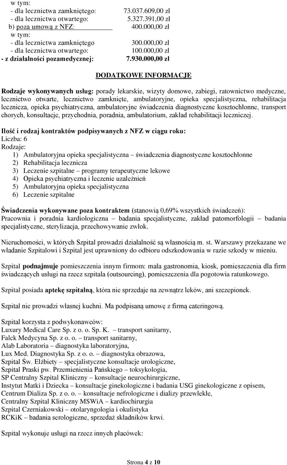 000,00 zł DODATKOWE INFORMACJE Rodzaje wykonywanych usług: porady lekarskie, wizyty domowe, zabiegi, ratownictwo medyczne, lecznictwo otwarte, lecznictwo zamknięte, ambulatoryjne, opieka