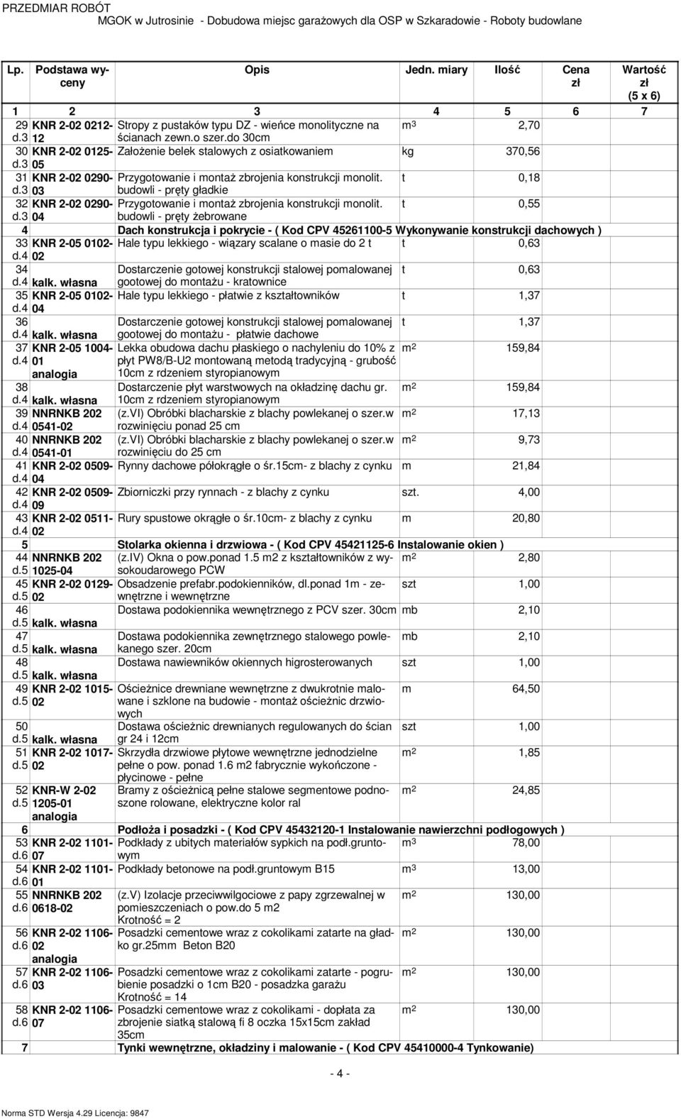 3 04 4 Dach konstrukcja i pokrycie - ( Kod CPV 45261100-5 Wykonywanie konstrukcji dachowych ) 33 KNR 2-05 0102- Hale typu lekkiego - wiązary scalane o masie do 2 t t 0,63 d.