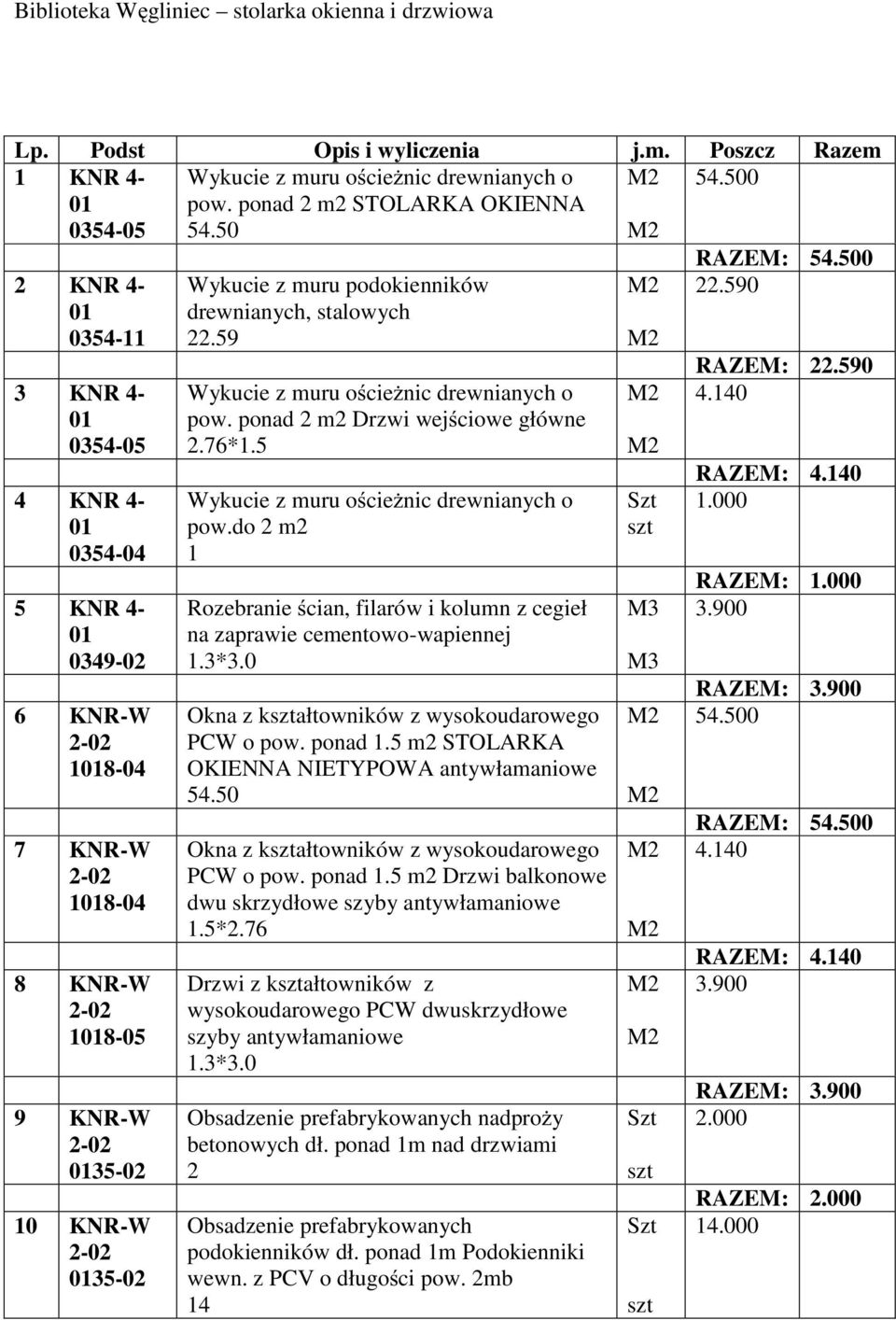 59 Wykucie z uru ościeŝnic drewnianych o pow. ponad 2 2 Drzwi wejściowe główne 2.76*1.5 Wykucie z uru ościeŝnic drewnianych o pow.