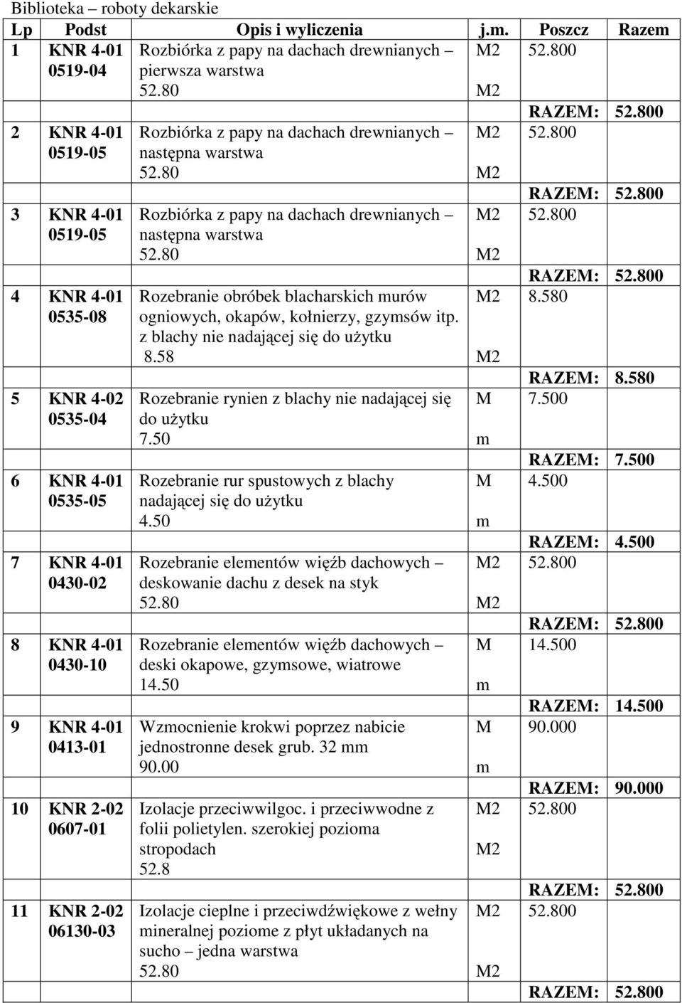 4-0430-10 9 KNR 4-0413- 10 KNR 0607-11 KNR 06130-03 Rozbiórka z papy na dachach drewnianych następna warstwa Rozbiórka z papy na dachach drewnianych następna warstwa Rozebranie obróbek blacharskich