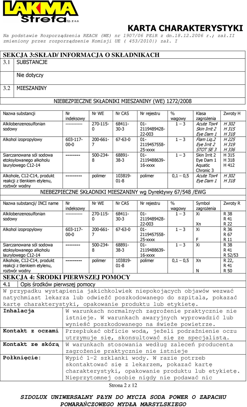 laurylowego C12-14 Alkohole, C12-C14, produkt reakcji z tlenkiem etylenu, roztwór wodny Nr indeksowy Nr WE Nr CAS Nr rejestru % wagowy Klasa zagroŝenia ----------- 270-115- 68411-01- 1 3 Acute Tox4 0