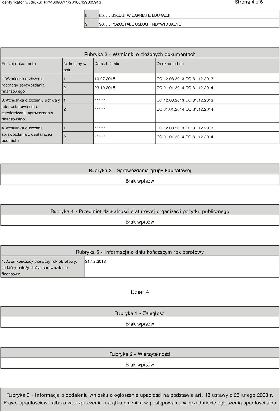 Wzmianka o złożeniu sprawozdania z działalności podmiotu 1 10.07.2015 OD 12.