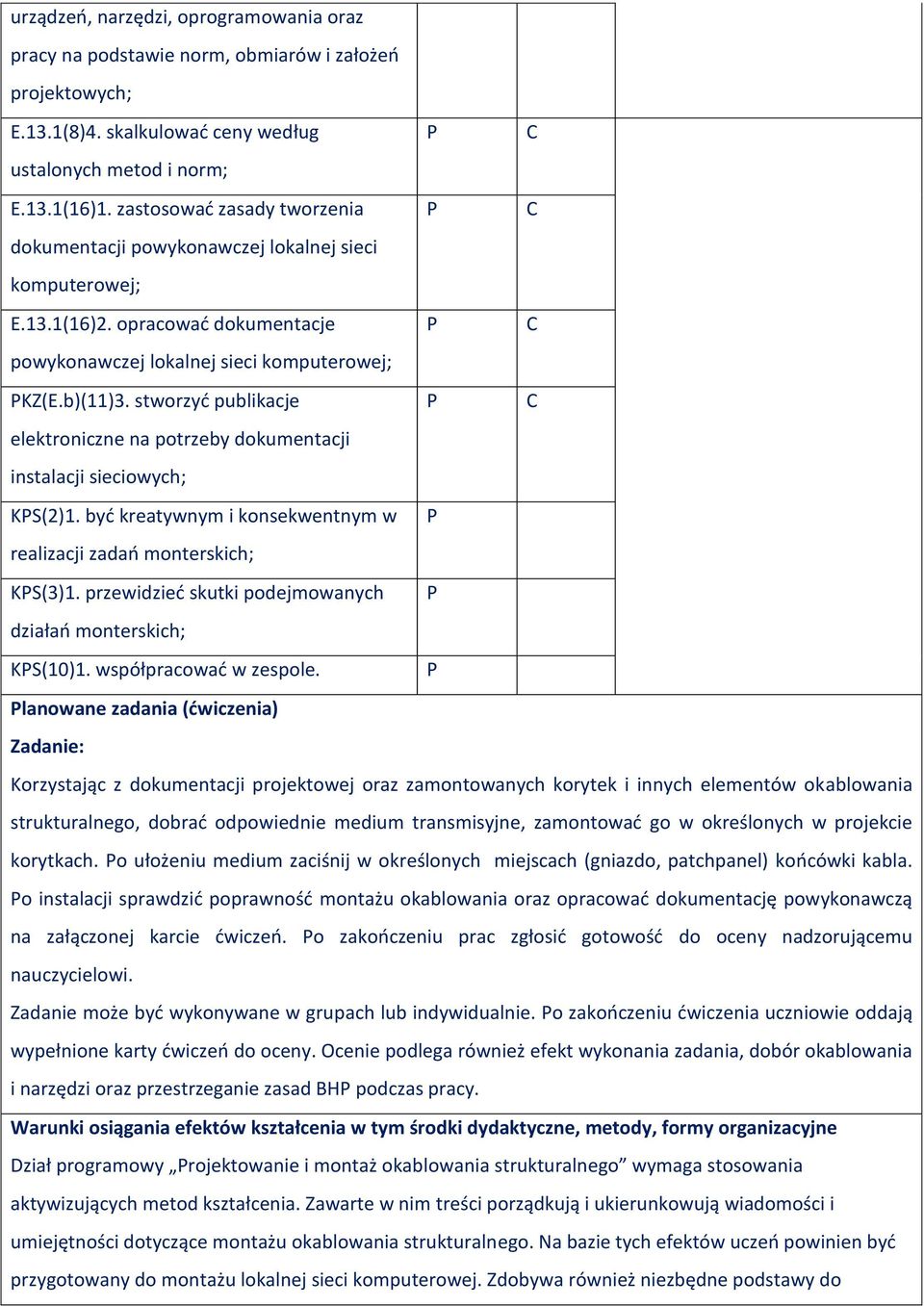 stworzyć publikacje elektroniczne na potrzeby dokumentacji instalacji sieciowych; KS(2)1. być kreatywnym i konsekwentnym w realizacji zadań monterskich; KS(3)1.