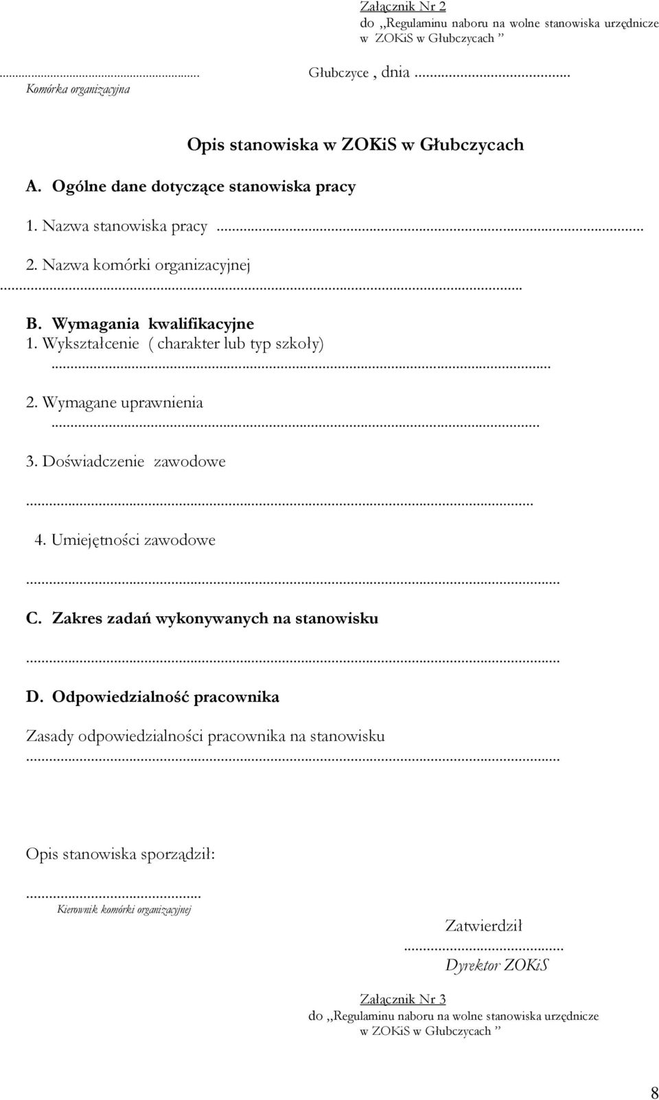 .. 3. Doświadczenie zawodowe... 4. Umiejętności zawodowe.. C. Zakres zadań wykonywanych na stanowisku.. D. Odpowiedzialność pracownika Zasady odpowiedzialności pracownika na stanowisku.