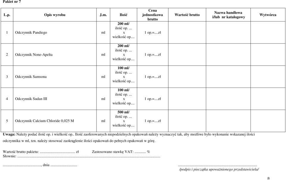 .. 00 ml/ ilość op.... x wielkość op... 00 ml/ ilość op.... x wielkość op... 500 ml/ ilość op.... x wielkość op... op.=...zł op.=...zł op.=...zł op.=...zł Uwaga: Należy podać ilość op.