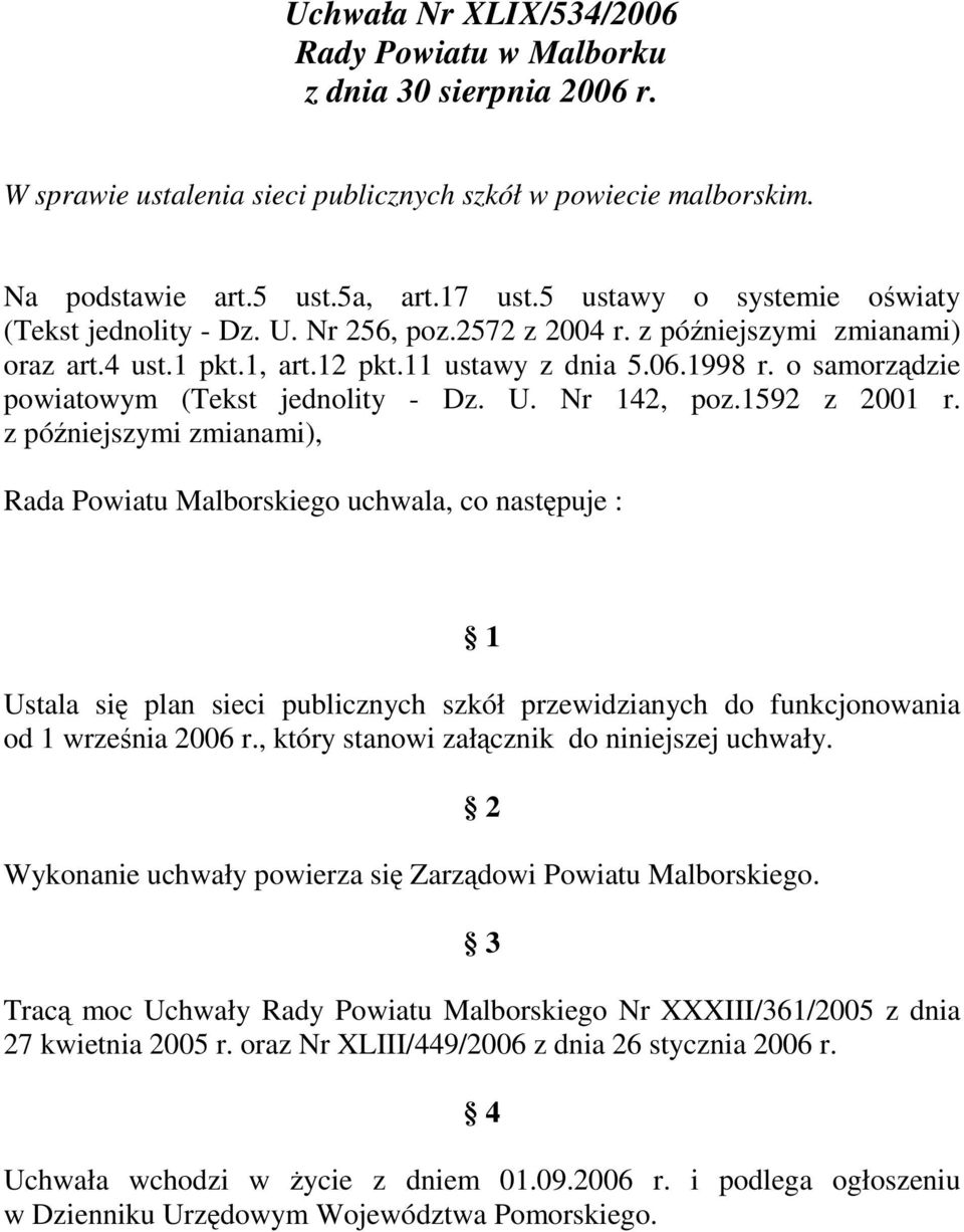 o samorządzie powiatowym (Tekst jednolity - Dz. U. Nr 142, poz.1592 z 2001 r.